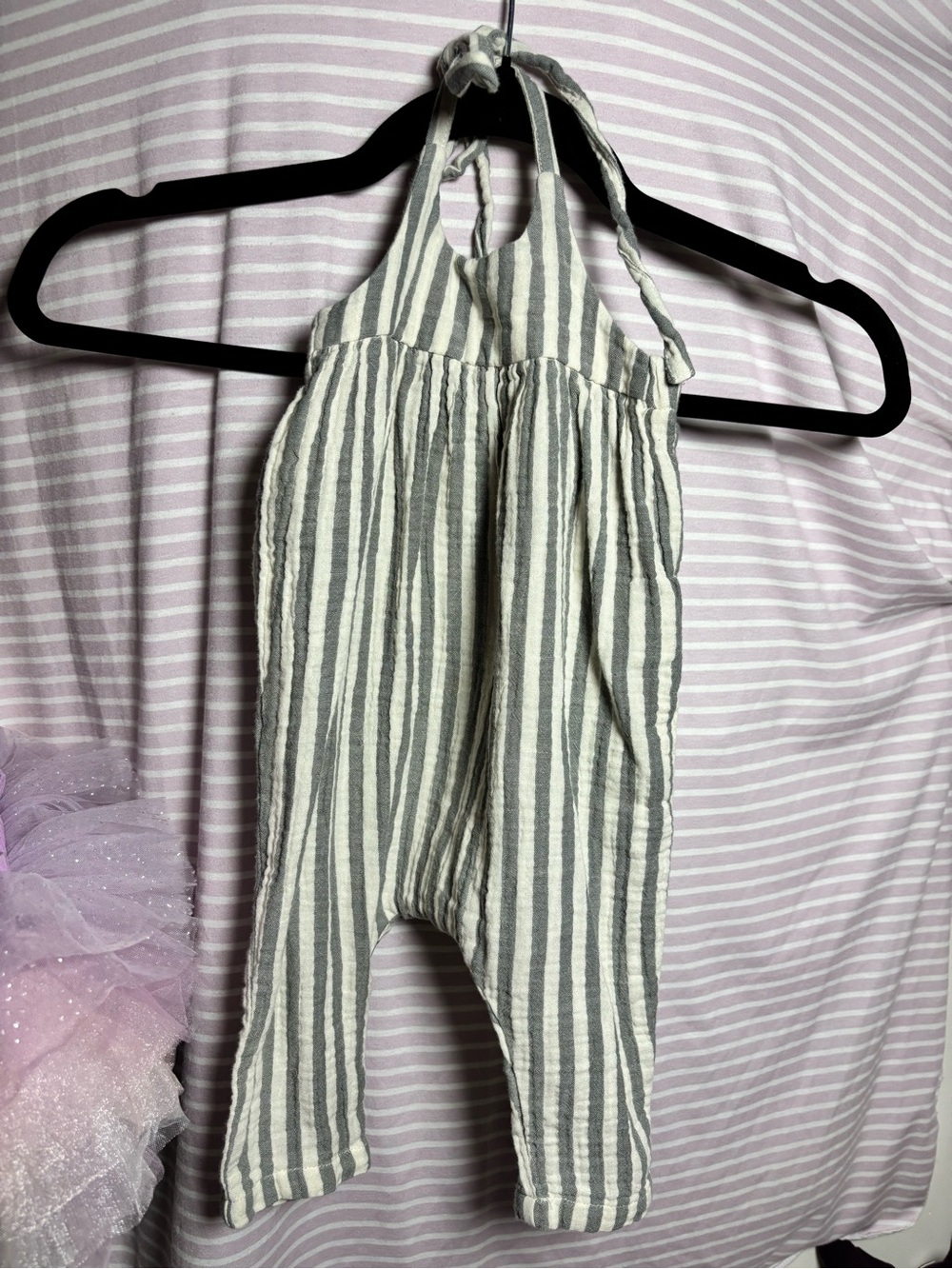 Rylee + Cru grey striped halter one piece